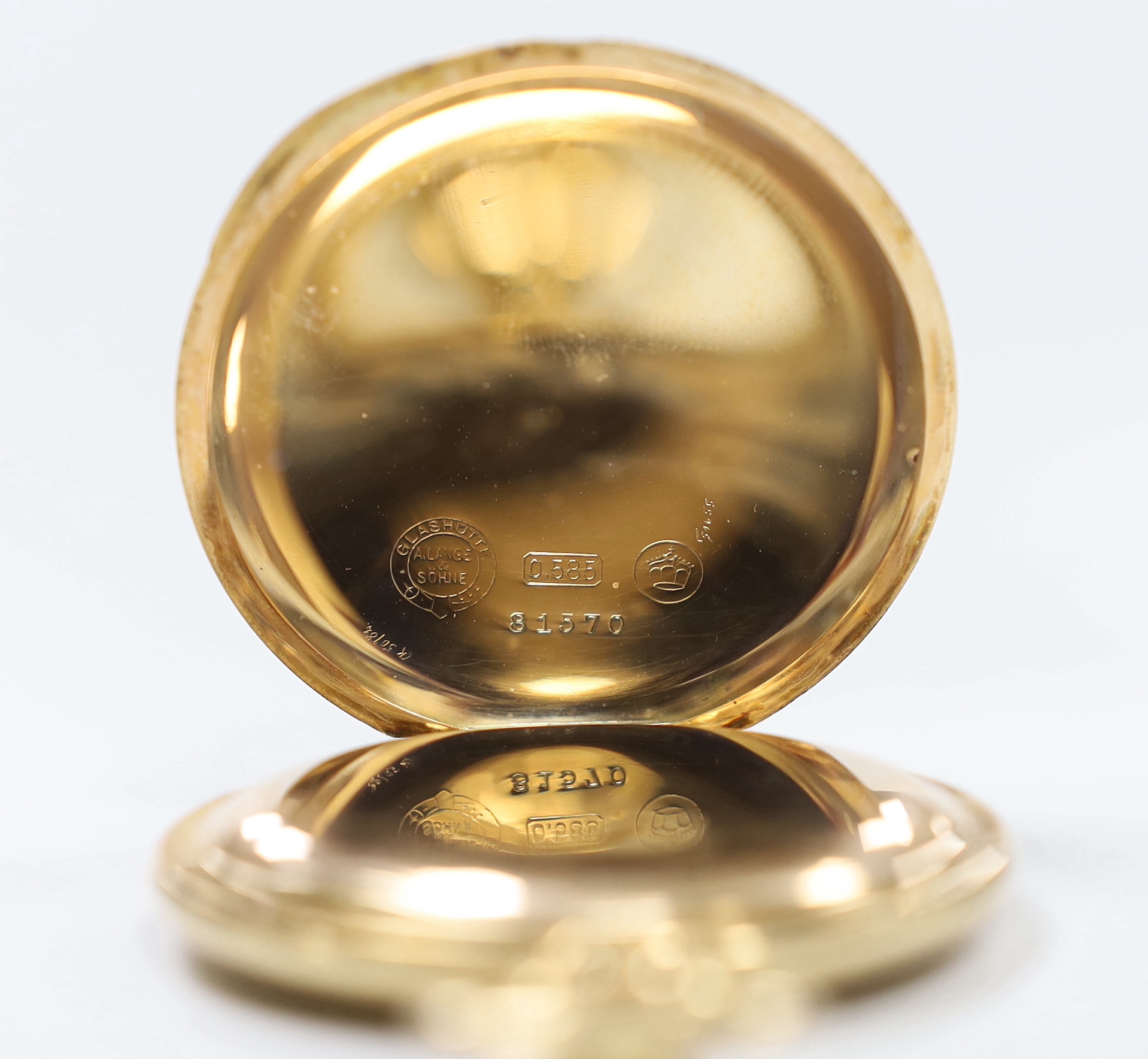 A Swiss 14k keyless hunter pocket watch by A. Lange & Sohne, with Arabic dial and subsidiary seconds, case diameter 52mm, gross weight 84 grams, with box.